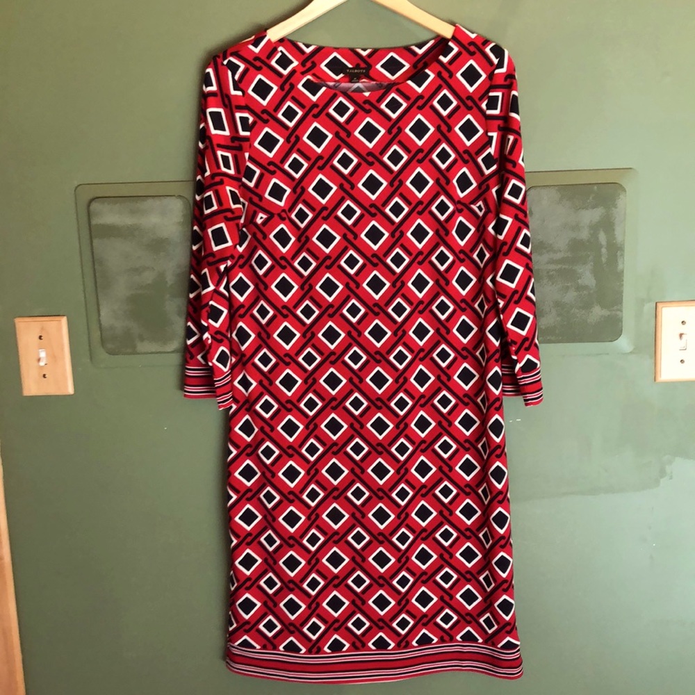 Talbots red dress with black diamond pattern